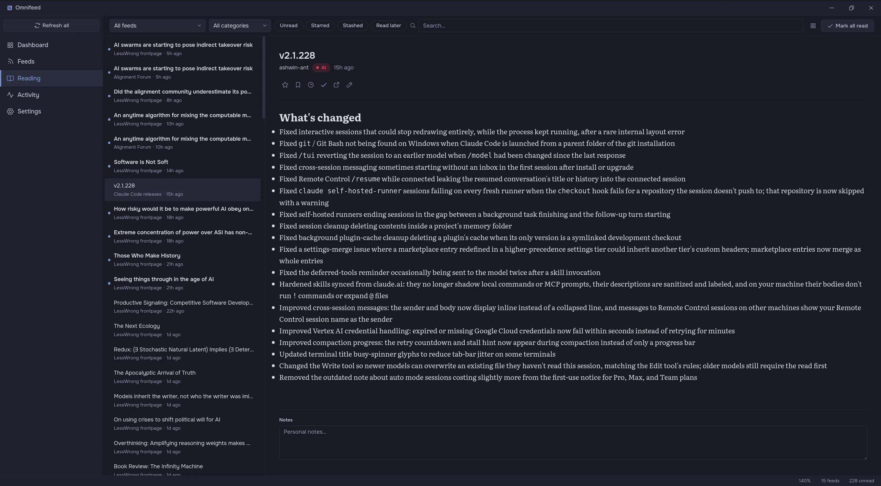 Personal feed reader app showing Claude Code v2.1.228 release notes with a long list of fixes and improvements